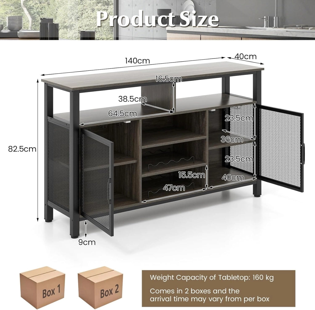 Credenza da Buffet, Mobilellto da Cucina con Portabottiglie e Portabicchieri, Porta TV per TV fino a 60" con 2 Armadietti con Anta, 3 Ripiani e 2 Scomparti Aperti, Nero/Grigio(Grigio)