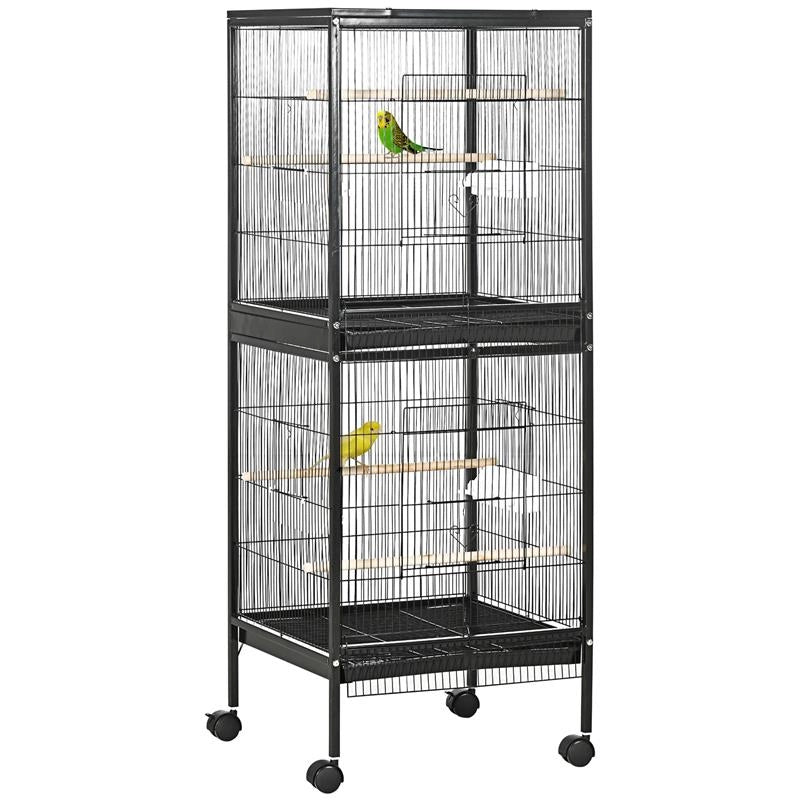 GABBIA VOLIERA PER UCCELLI PER INTERNI CON RUOTE E VASSOI ESTRAIBILI 51.5X50X140 CM NERO