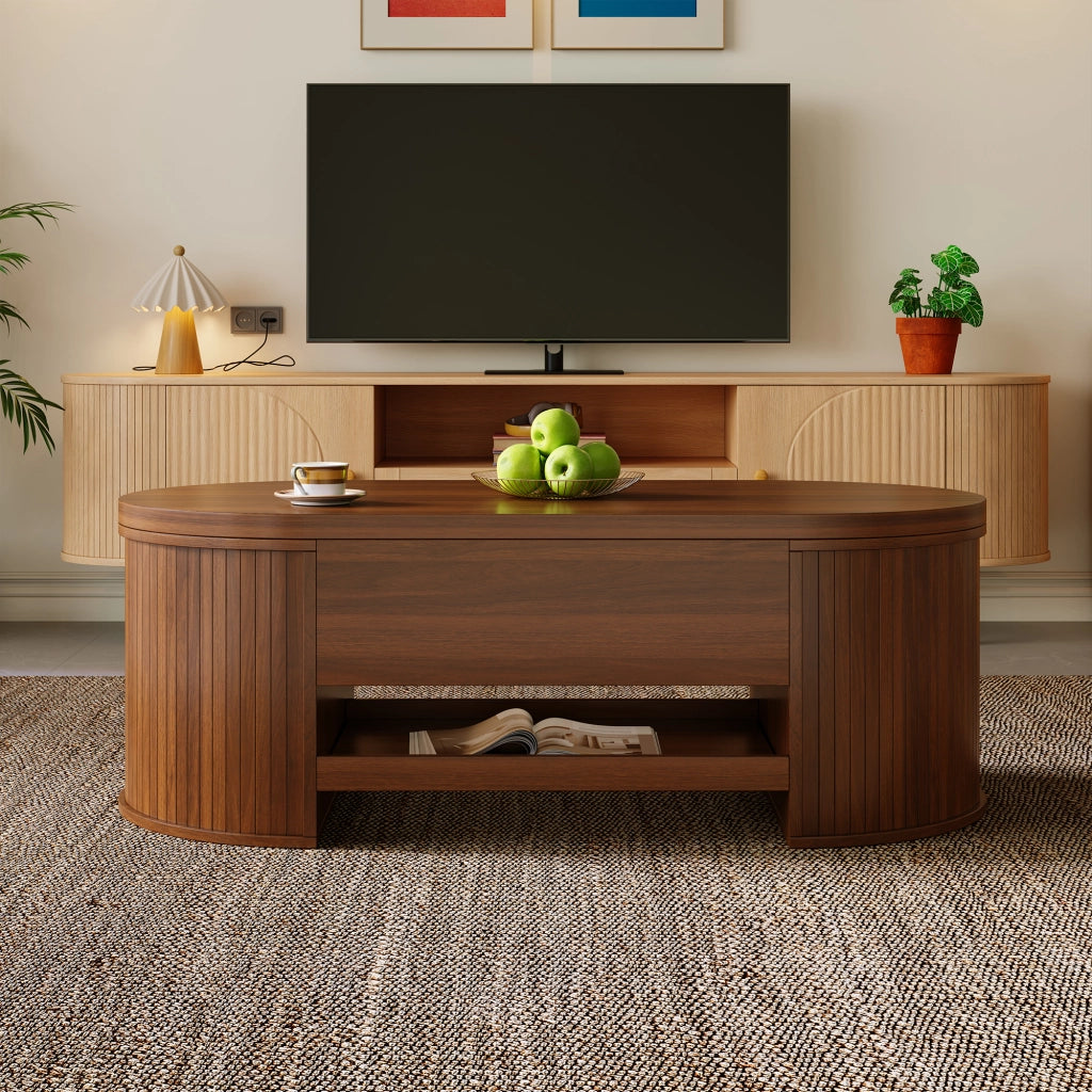 Tavolino da caffè alzabile con piano sollevabile e vano interno - per soggiorno - 110×55.5×40 cm - in MDF - noce
