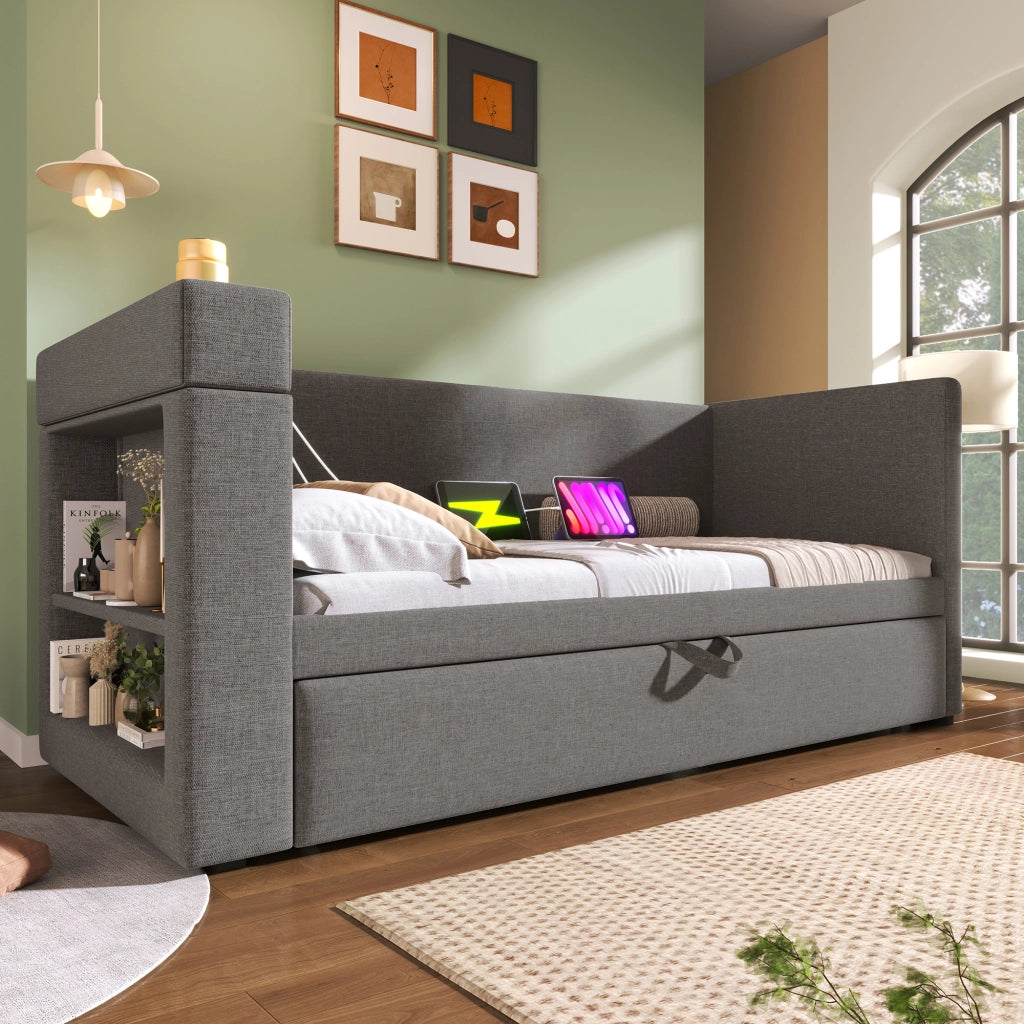 Daybed singolo – 90x190 cm – estraibile USBC portabicchieri – lino grigio