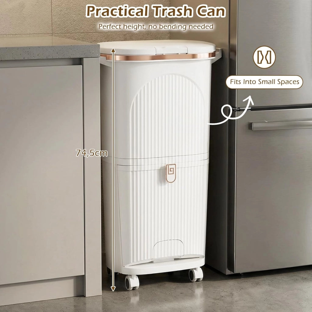 Pattumiera da cucina a 3 scomparti, 38 l, pattumiera con ruote, pattumiera a pedale con coperchio, pedale e manico, a doppio piano, in plastica, sistema di raccolta differenziata della