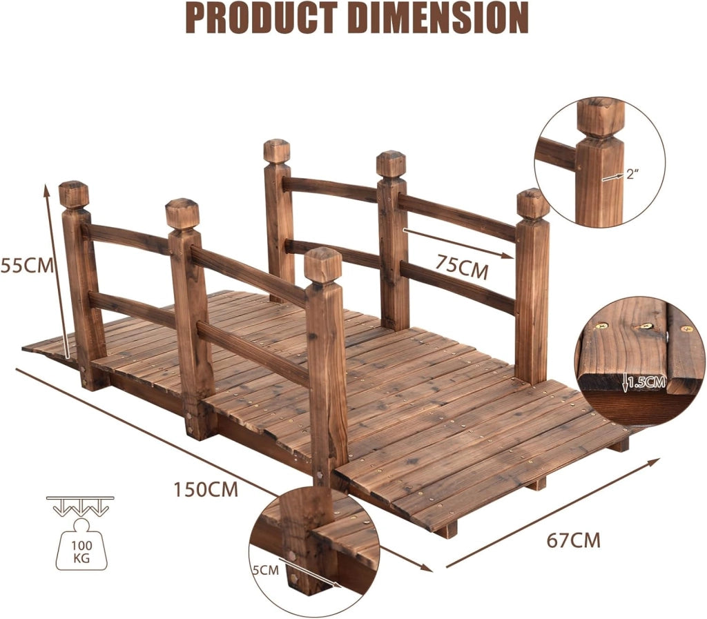 Ponte da Giardino in Legno di Abete Carbonizzato con Ringhiere, Ponticello Calpestabile per Giardino e Stagno Portata 100 kg, 150 x 67 x 55 cm, Marrone