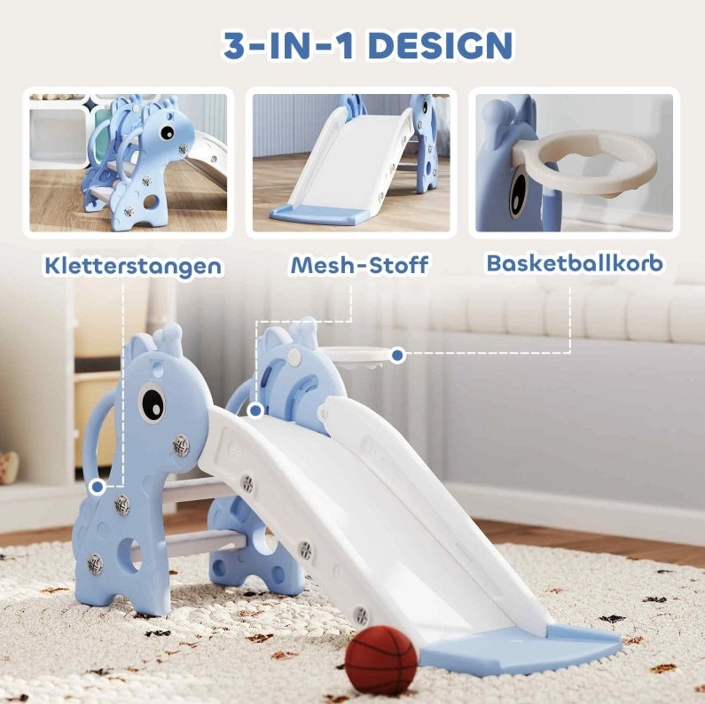 Scivolo per bambini a giraffa con canestro e palla blu