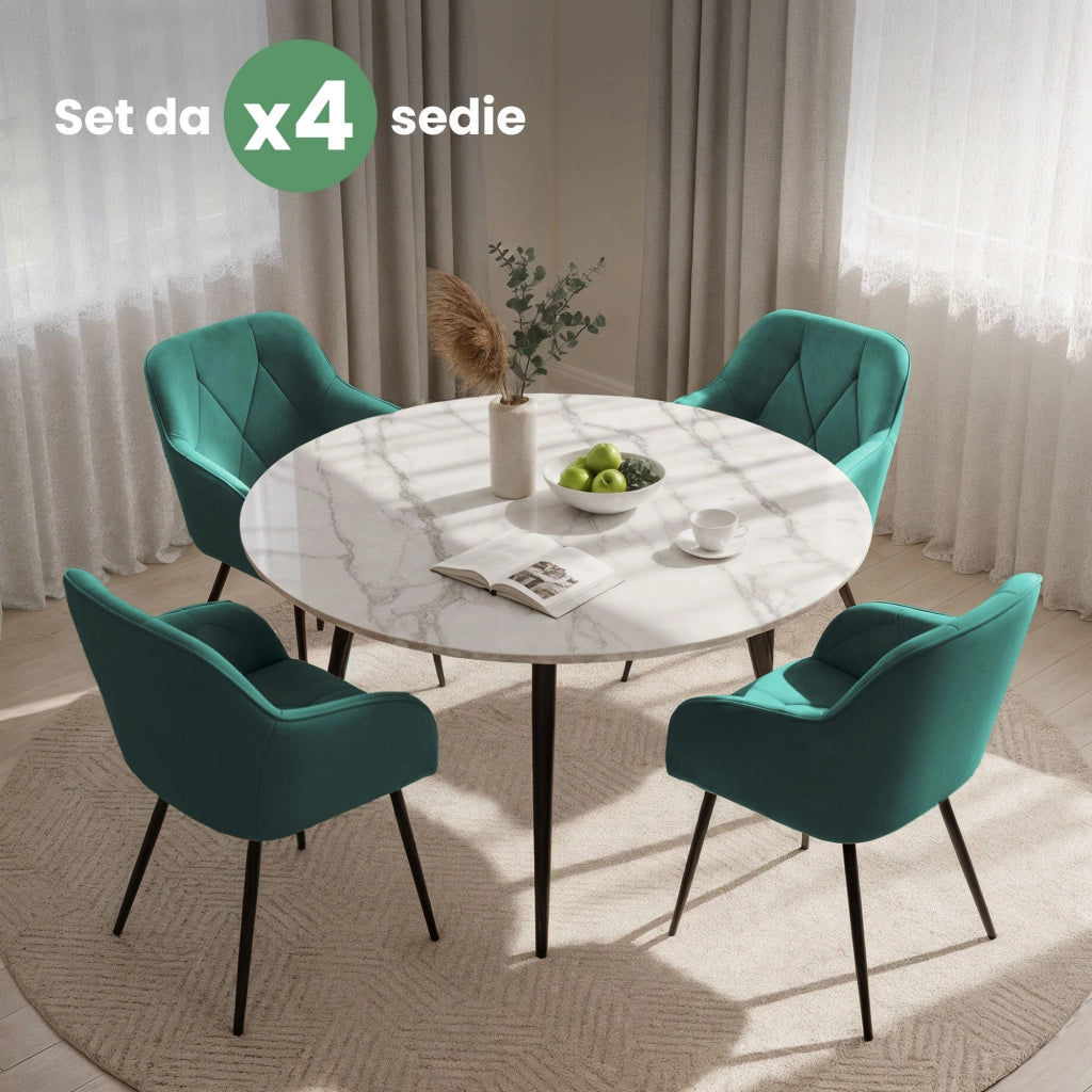 Set di 4 Sedie in velluto trapuntato DIAMANTE Verde Bottiglia gambe nere