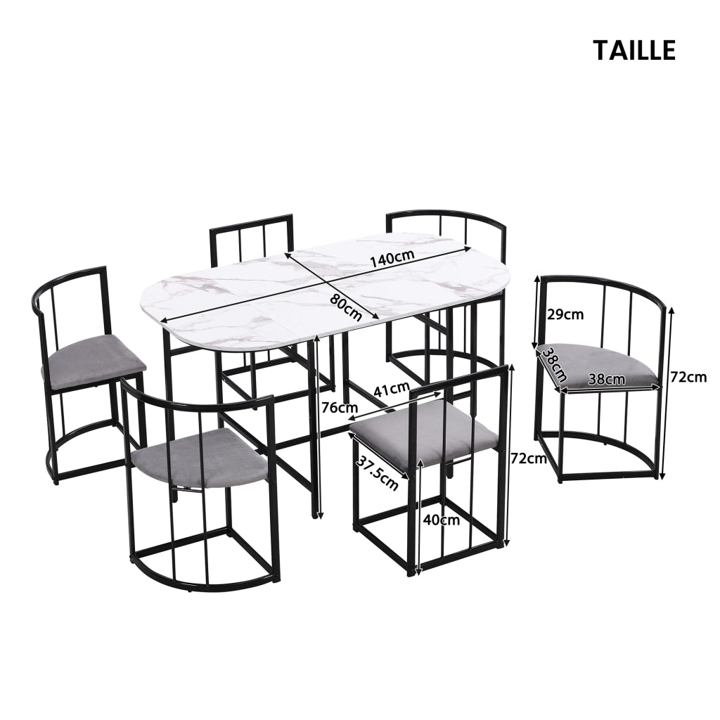Tavolo da pranzo per 6 persone con 6 sedie con schienale e seduta imbottita stile moderno in MDF bianco e ferro nero