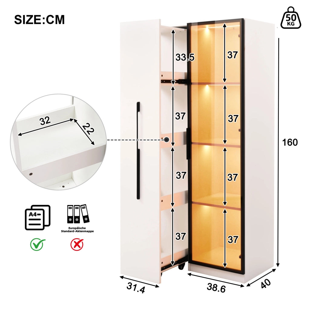 Mobile multifunzione bianco con libreria, vetrina LED e ruote
