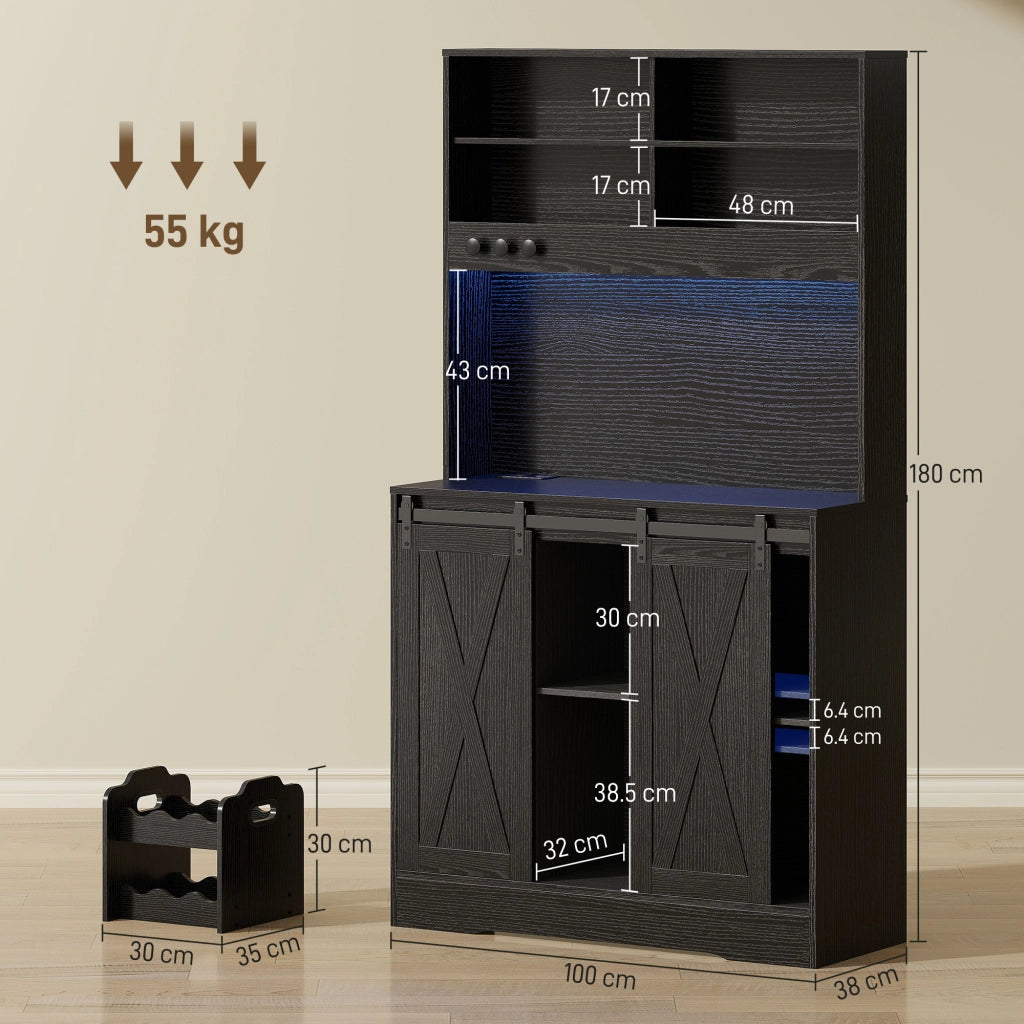Credenza da Cucina Alta Stile Rustico con 2 Armadietti. Portabottiglie. Prese di Ricarica e Luci LED. Nero