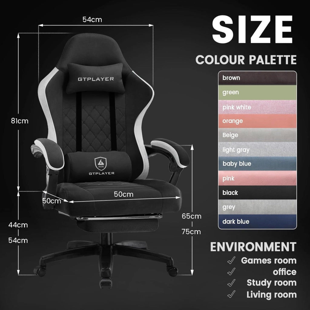 Sedia da gaming, ergonomica, da scrivania, con superficie in tessuto, cuscino a molla, braccioli di collegamento e poggiapiedi, nero scuro