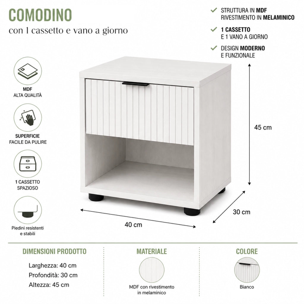 Comodino in Legno 1 Cassetto e Ripiano Design Moderno 40x30 h45 cm Bianco