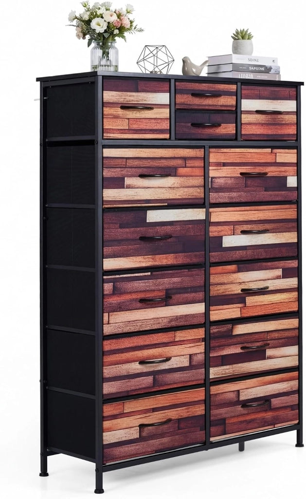 Cassettiera Camera da Letto con 11/14 Cassetti Pieghevoli, Credenza Soggiorno, Mobiletto Contenitore, Comò Multiuso per Salotto, Ingresso, Stile Industriale, in Legno, Metallo (85 x 30 x 120 cm)