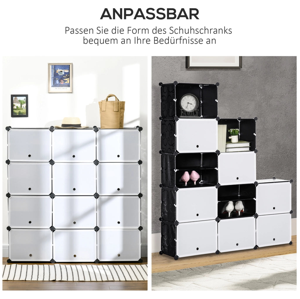Scaffale modulare con 12 cubi contenitori in plastica e acciaio nero e bianco 125x32x125 cm