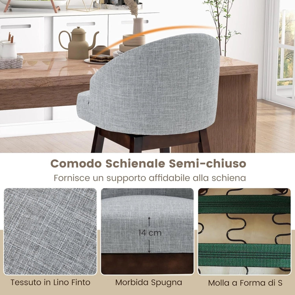 Set di 2 Sgabelli da Bar, Sgabelli con Gambe in Legno di Gomma e Schienale Imbottito, Sgabelli da Bar Girevole, Ideale per Bar, Cucina, Soggiorno (Grigio)