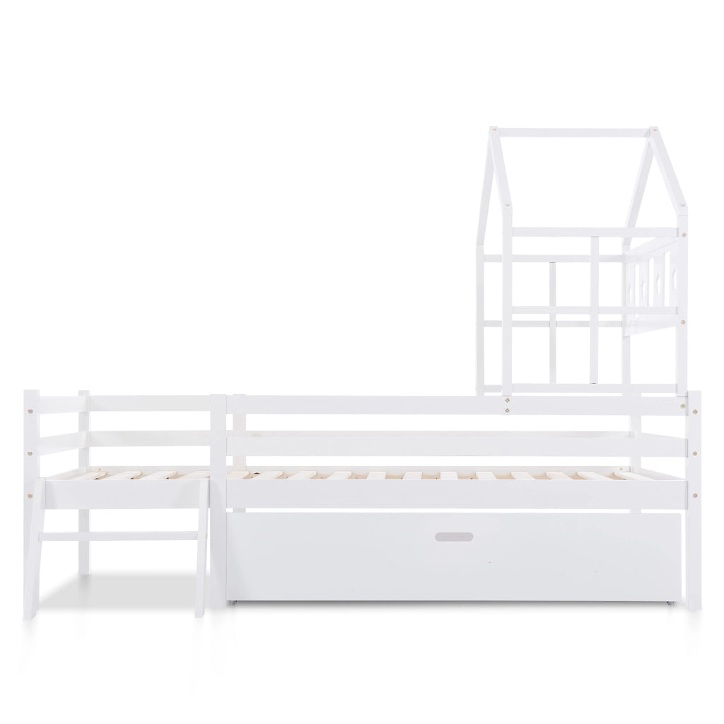 Letto a castello bianco con scala e cassetti in legno massello di pino 90x200 cm