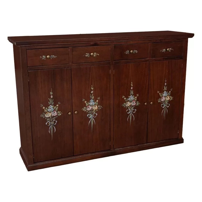 Madia credenza legno 4 porte 4 cassetti tinta noce decorata 160x40x110 - Mobili 2G