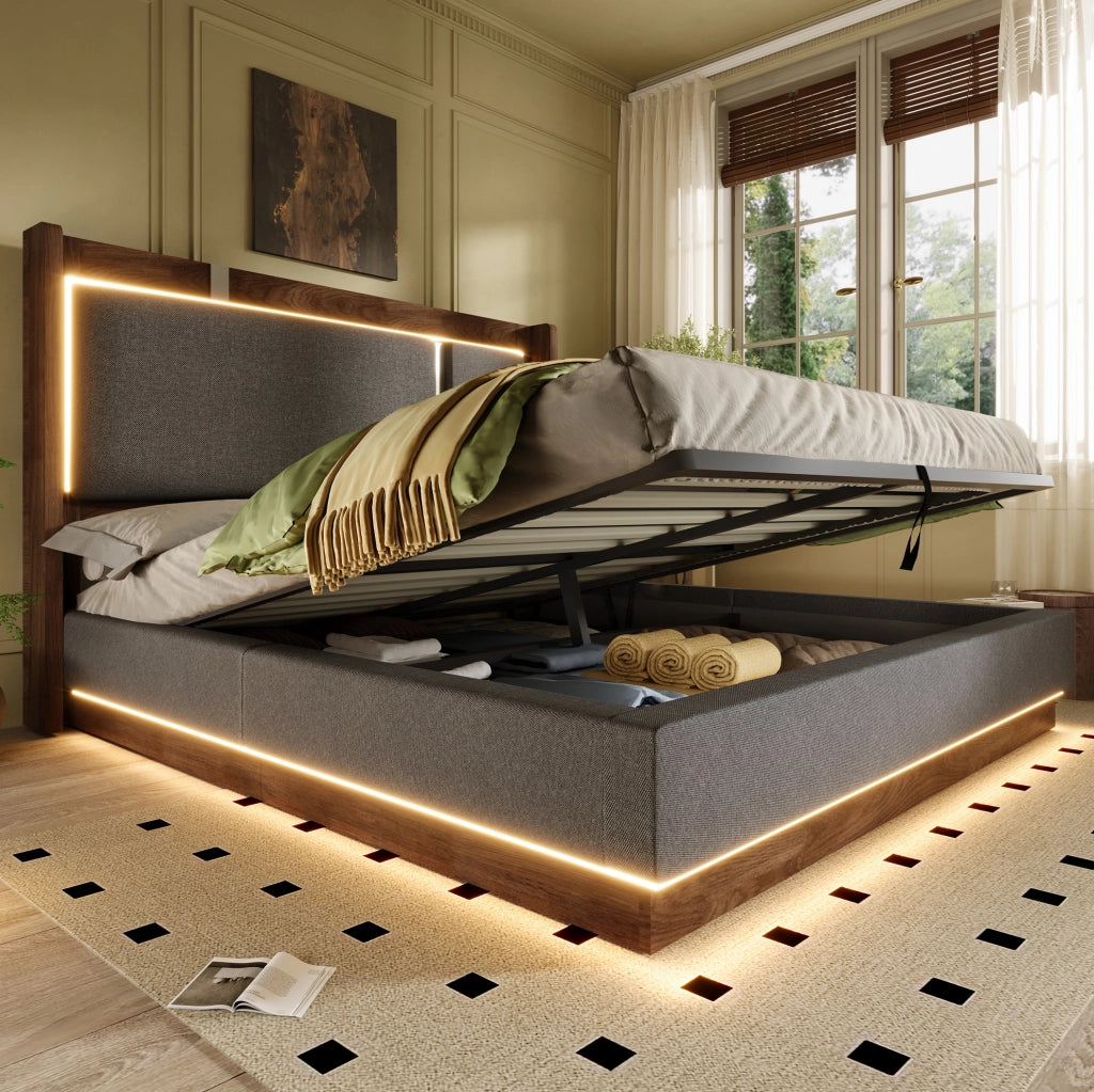 Letto matrimoniale 180x200 cm con contenitore; LED; lino e legno grigio