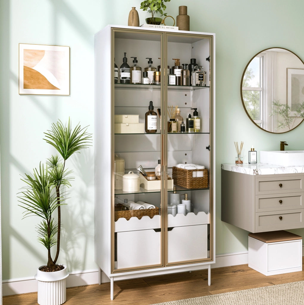 ARMADIO ALTO con ripiani regolabili, cassetto, Gold e White, MDF