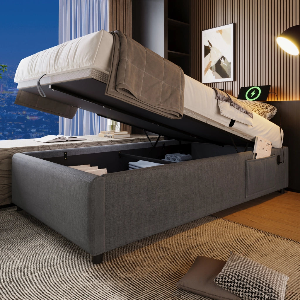 OKWISH Letto contenitore 90×200 cm, Letto Singolo con USB, Type C e Vano Contenitore, senza Materasso, in Lino Cotone, Grigio