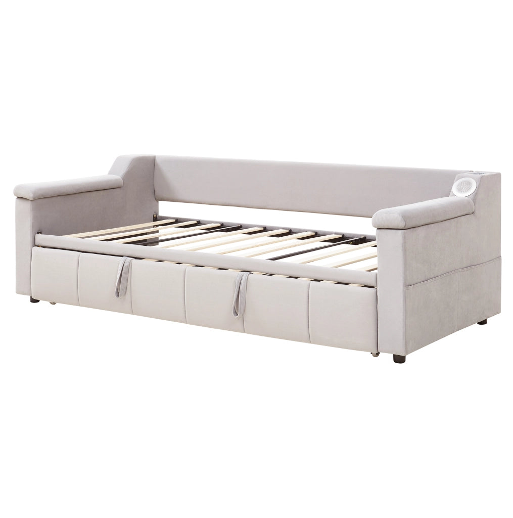 Divano letto 90x190 cm convertibile con Bluetooth; USB e vani in velluto beige