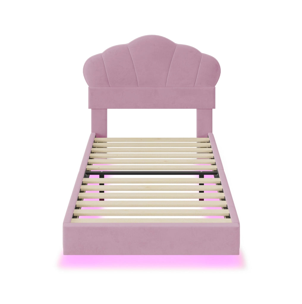 Letto imbottito 90 x 200 cm con LED; testiera a nuvola in velluto rosa