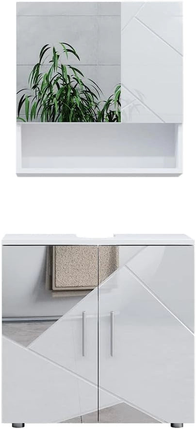 Set mobili bagno Irma, Bianco lucido con inserti, 80 cm, composto da specchio da bagno e mobile sottolavabo