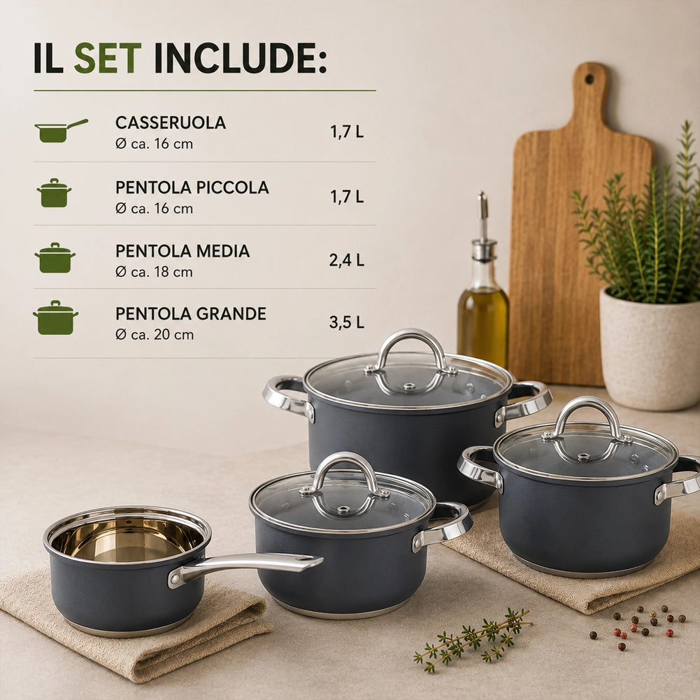 Batteria di Pentole Acciaio Grigio 7 Pezzi Pentole Adatte a Tutti Piani Cottura