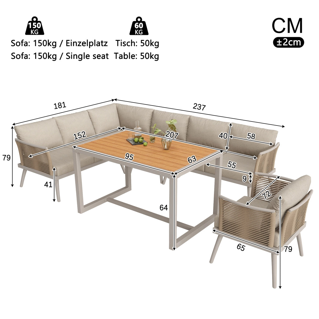 OKWISH Set da 5 pezzi da giardino con 4 divani, tavolino e cuscini, per 7 persone, Ferro Beige