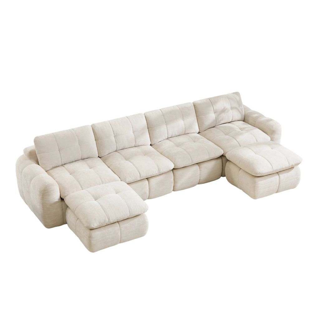 Divano modulare senza struttura in chenille beige; 334 × 160 × 68 cm