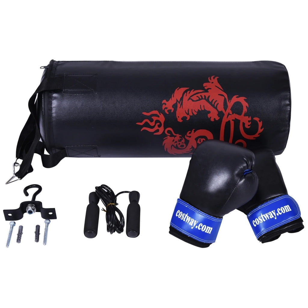 Sacco da boxe 60 x 25 x 25 cm perfetto per bambini con guanti professionali e corda per saltare in PU nera 20_0020907