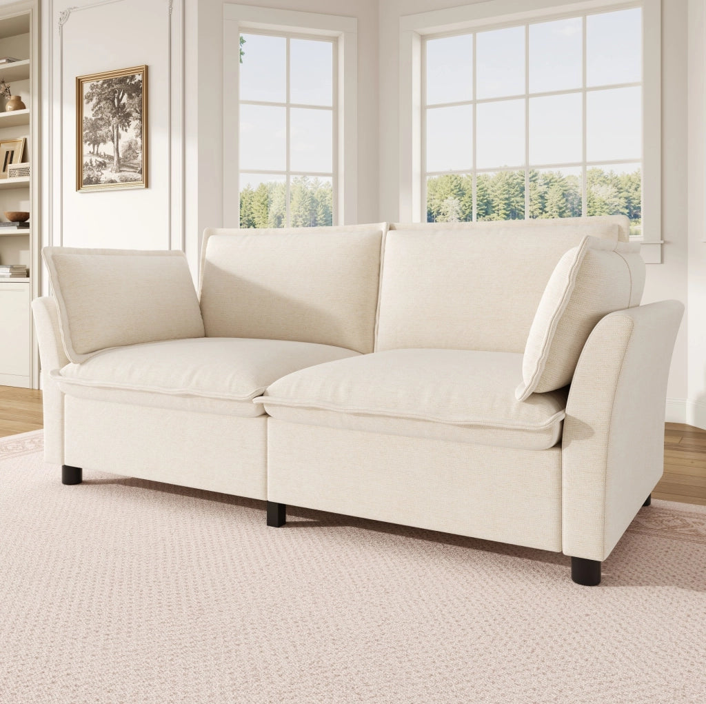 Divano 2 posti ULEVR 155x81x87 cm in ciniglia beige con molle insacchettate e 2 cuscini