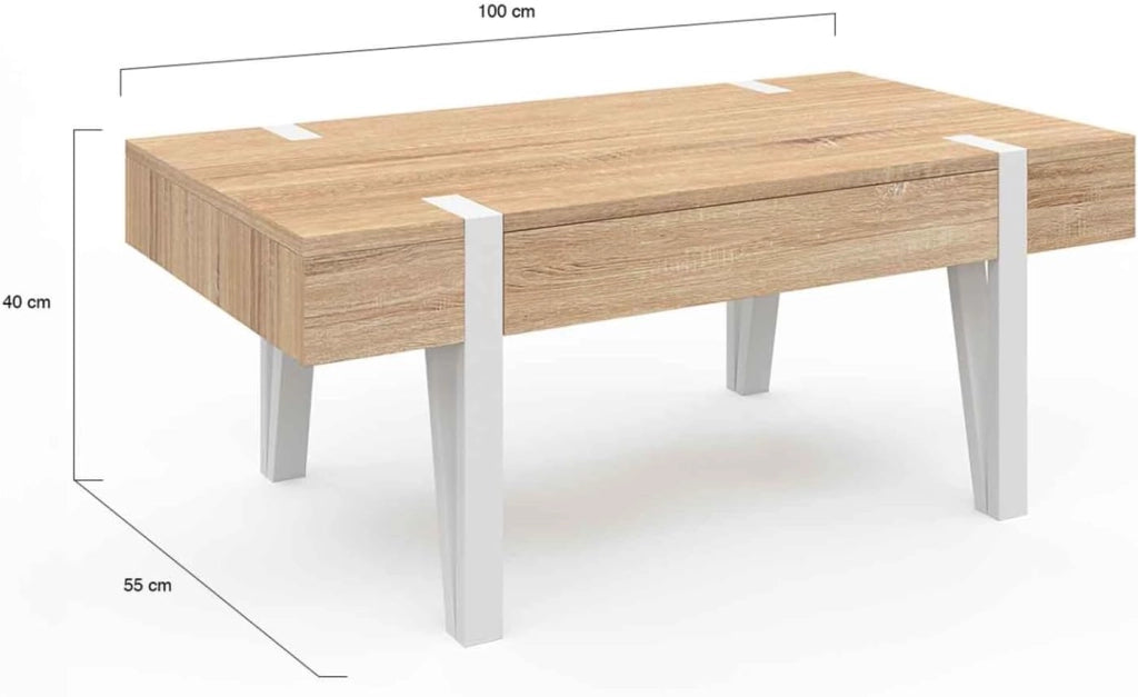 Mesa de centro AUSTRIA de 1 cajón con patas de pino blanco