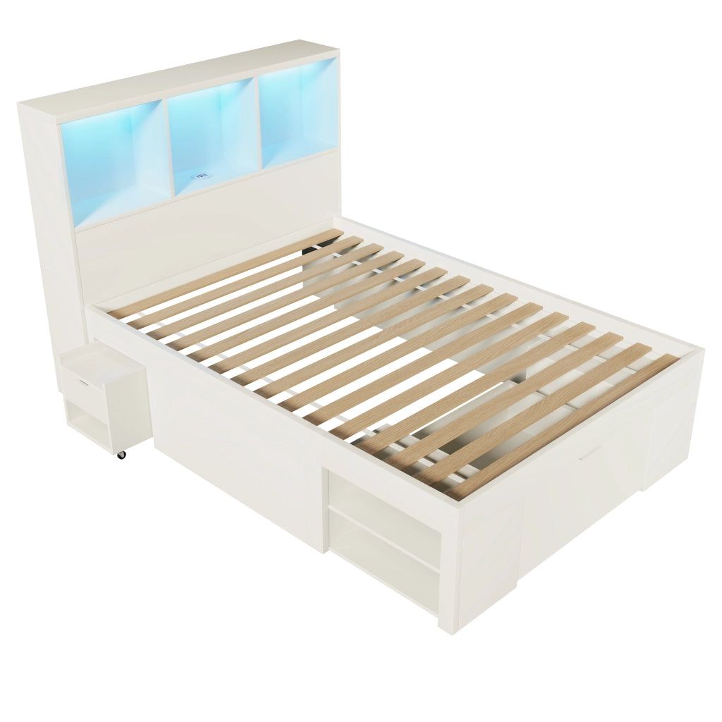 Letto per bambini 90 x 200 cm, spazio contenitivo, comodino incluso, illuminazione a LED, USB/Type-C, con cassetto, bianco