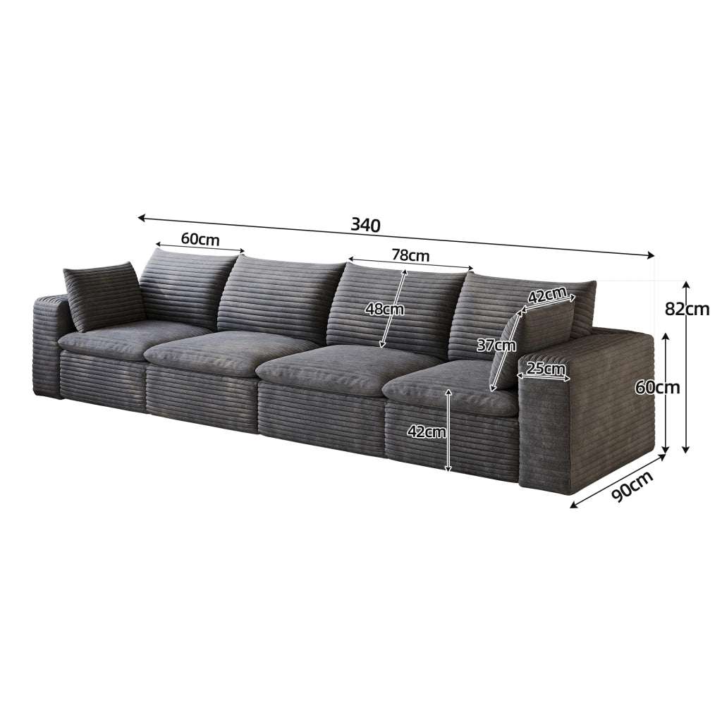 Divano 3 Posti in Tessuto a Coste ¨C MINIMAL ¨C Grigio Scuro, 340cm, Imbottito, Senza Montaggio