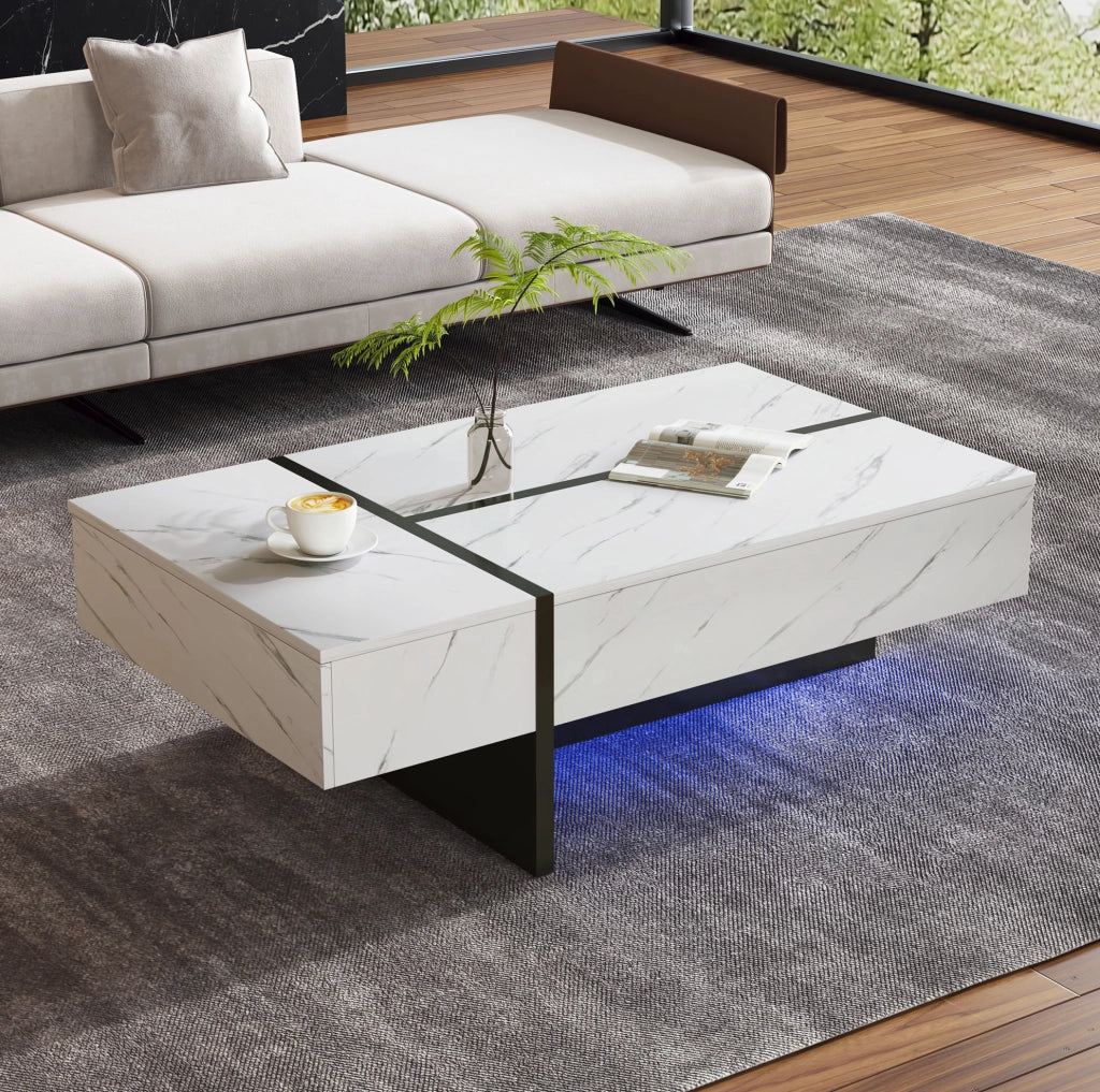 Tavolino da caffè moderno bianco 105 x 60 x 35 cm con LED; 3 cassetti e piano effetto marmo