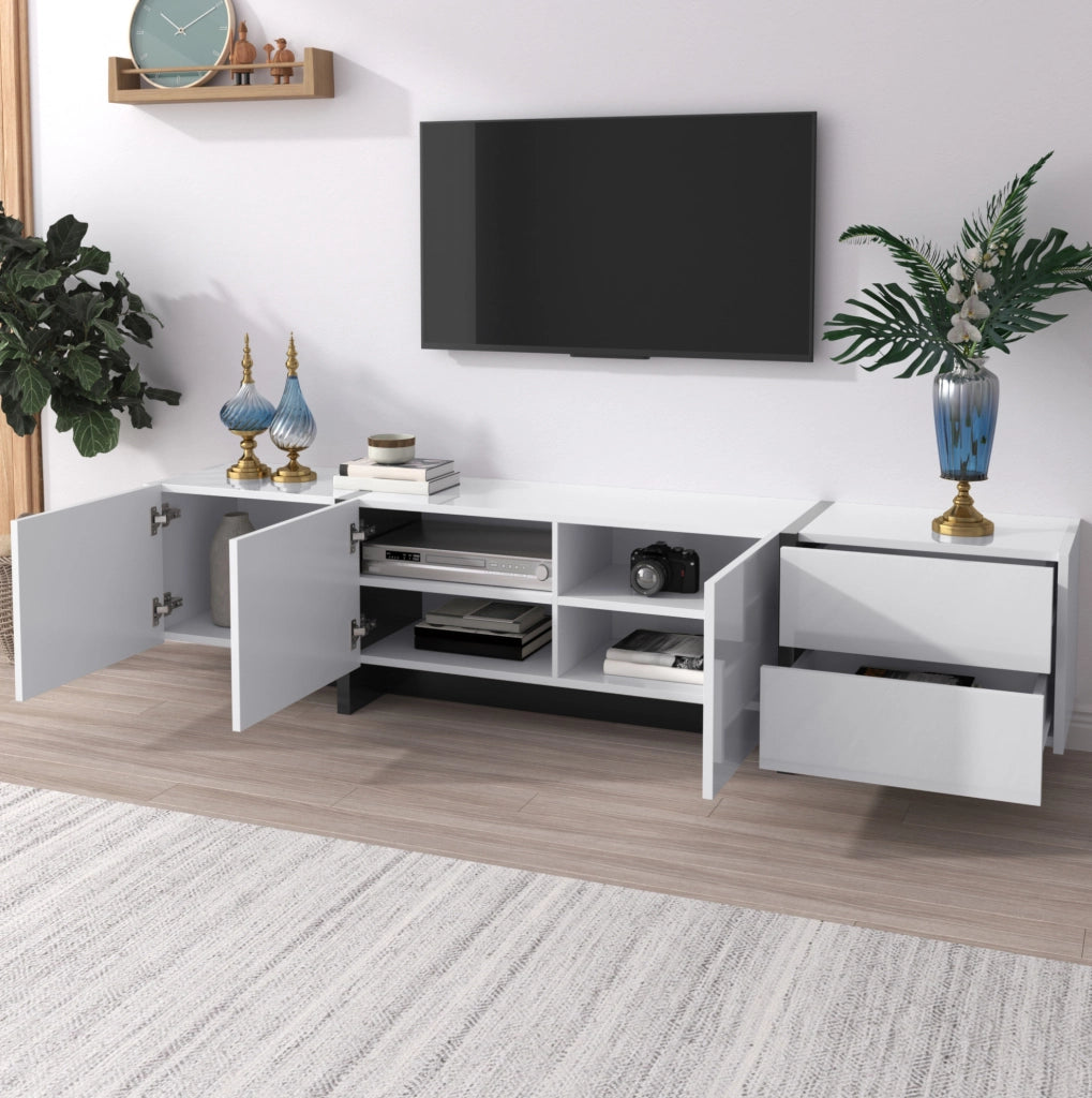 Mobile TV bianco e nero lucido con ante, cassetti e scaffali interni, 190x35x45 cm
