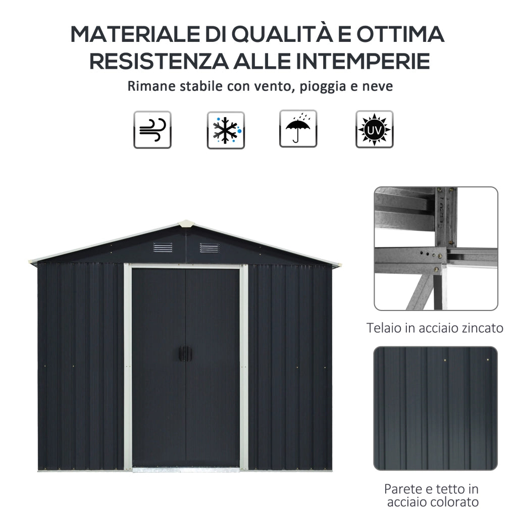 EasyComfort Casetta da Giardino 3.6m² in Acciaio Zincato con Prese d'Aria, Capanno da Giardino con Tetto Inclinato, Doppie Porte Scorrevoli Bloccabili, Capanno Porta Attrezzi, 236x174x190cm, Grigio Scuro