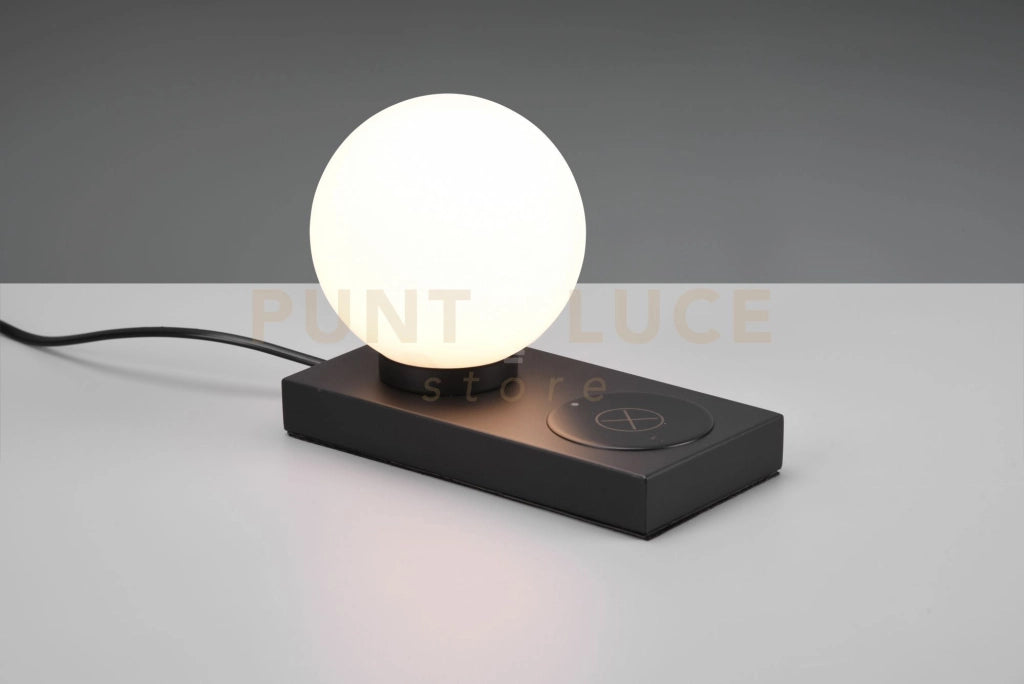 CHLOE LAMPADA DA TAVOLO NERA CON SFERA VETRO BIANCO CON BASE X RICARICA INDUTTIVA CELLULARE CON INTERRUTTORE TOUCH H. 15CM 1 LUCE ATTACCO E14