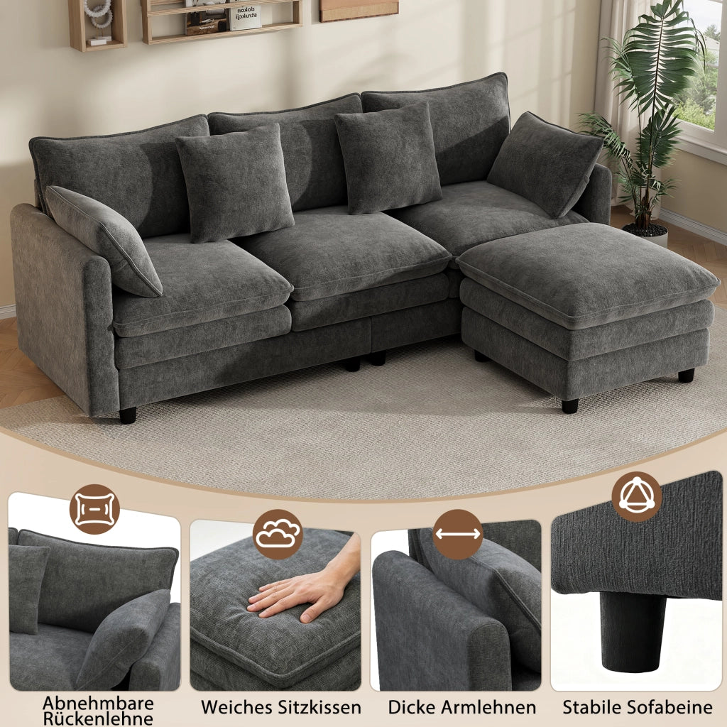 Divano angolare a L in Chenille grigio con chaise longue mobile