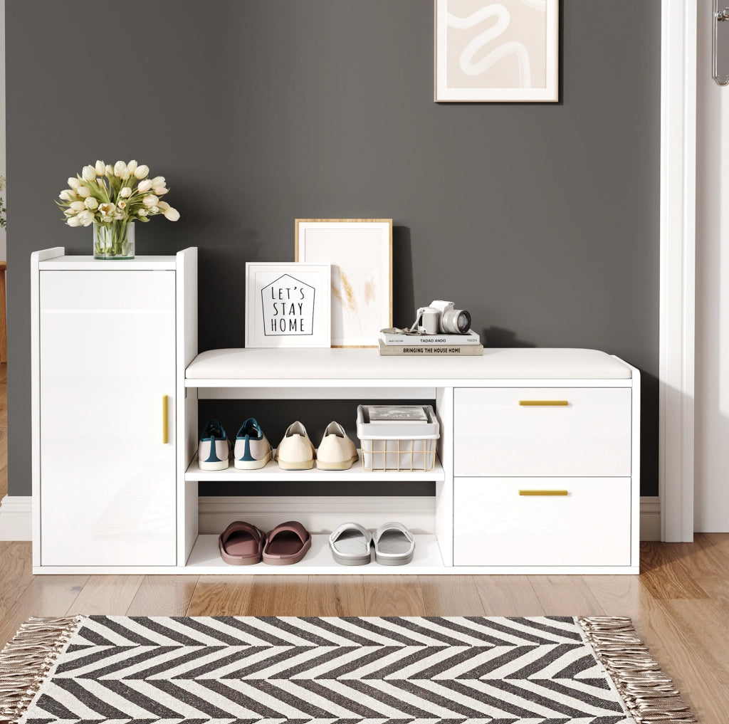 Scarpiera con panca 128x30x68 cm in truciolato bianco con 2 cassetti e ripiani