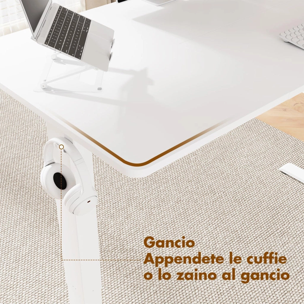 140 x 60 cm scrivania elettrica regolabile in altezza con gancio per cuffie, altezza regolabile 71-119 cm, 2 altezze di memoria. scrivania da ufficio, camera da letto, stanza di studio (Bianco)