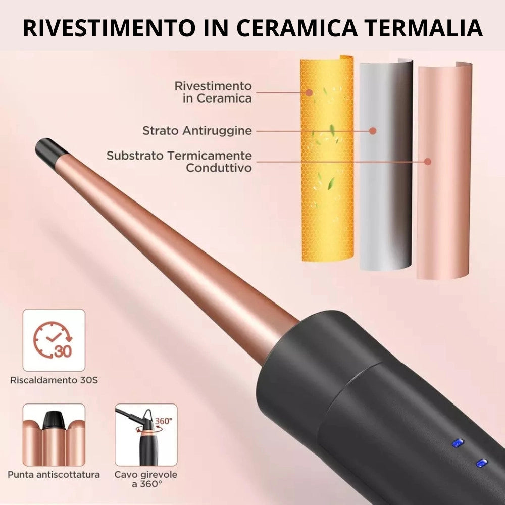 Trade Shop - Set 5in1 Piastra Capelli 3 Coni Arricciacapelli Lisci Onde Ceramica Riscaldamento Rapido -
