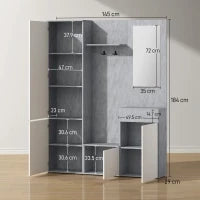 Mobile da Ingresso 4 in 1 con Specchio, Ganci e Ripiani Interni, in Legno, 145x29x184 cm, Grigio e Bianco