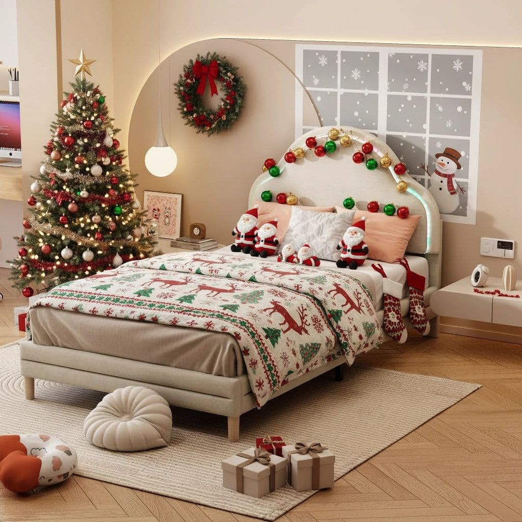 Letto singolo imbottito con strisce LED - Xylo - 90x200 cm - Velluto beige - Doghe in legno