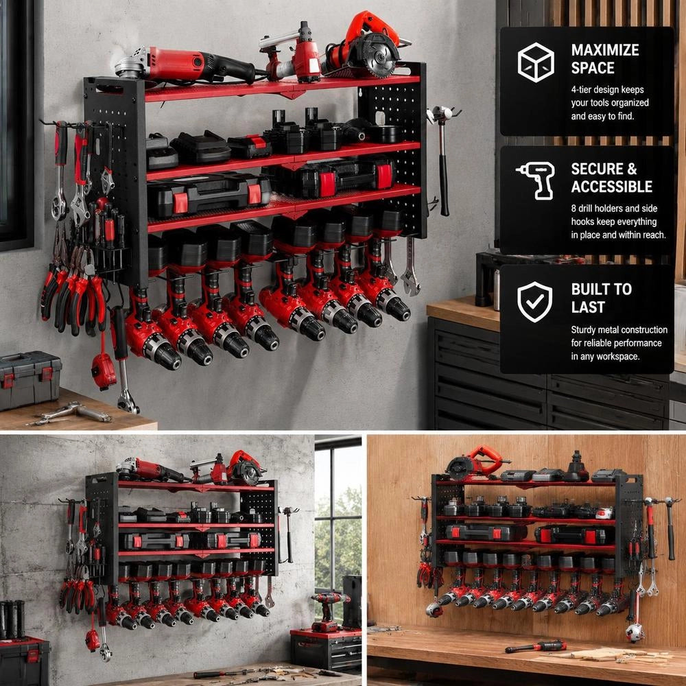 Tool Storage Wall Mount, 4-tier Storage Rack With 8 Drill Bit Holders, Tool Holder With Side Pegboards, Tool Organizer For Garage, Workbench & Workshop, Red