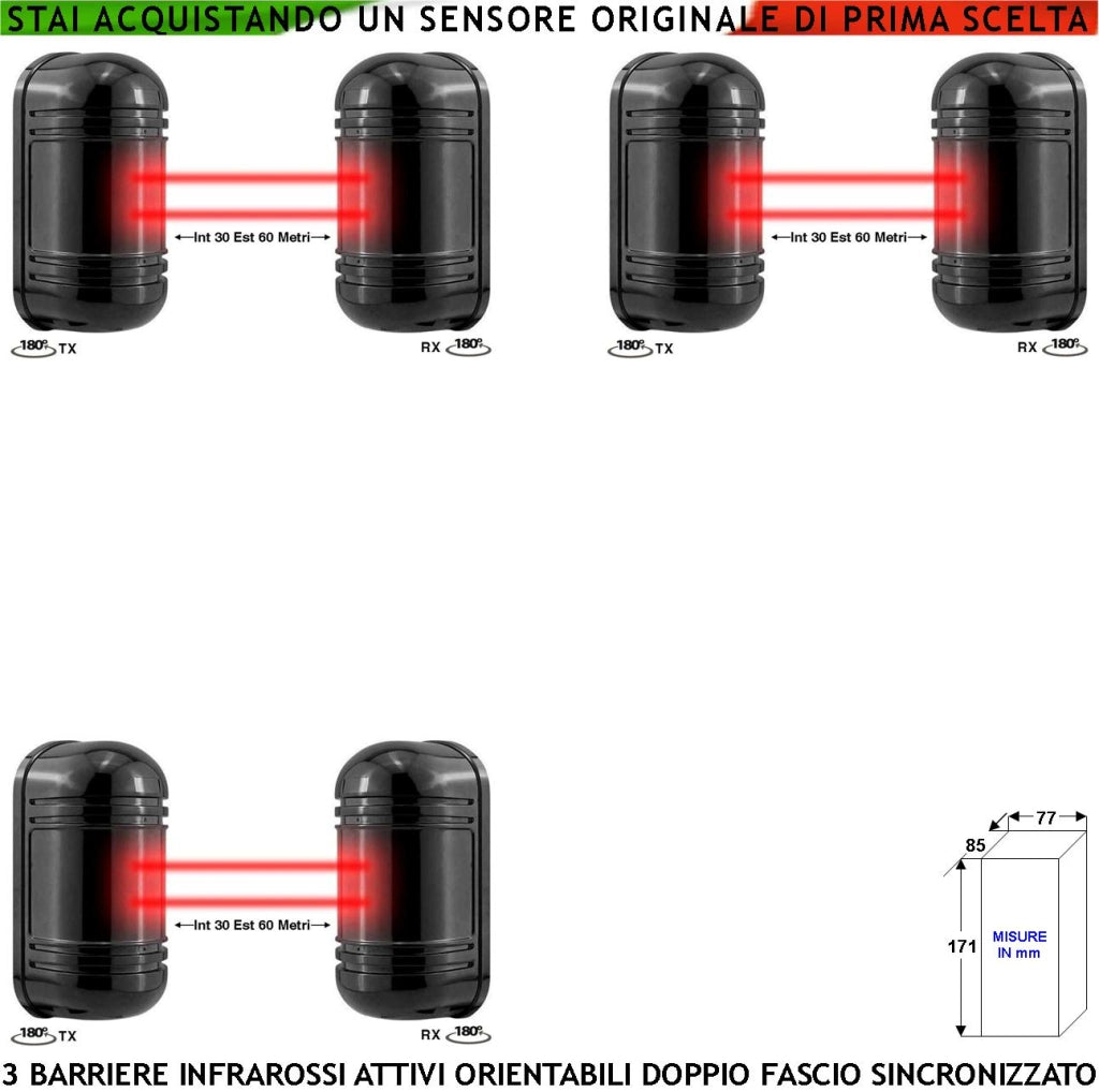 Infrarossi Attivi Doppio Fascio Orientabile 3 Pezzi Sbarramento Lineare Sensore Passaggio Segnala Allarme Intruso Portata 60 MT Interno 30 MT Esterno Collegamento Filare Alimen. 12V Barriera Antifurto