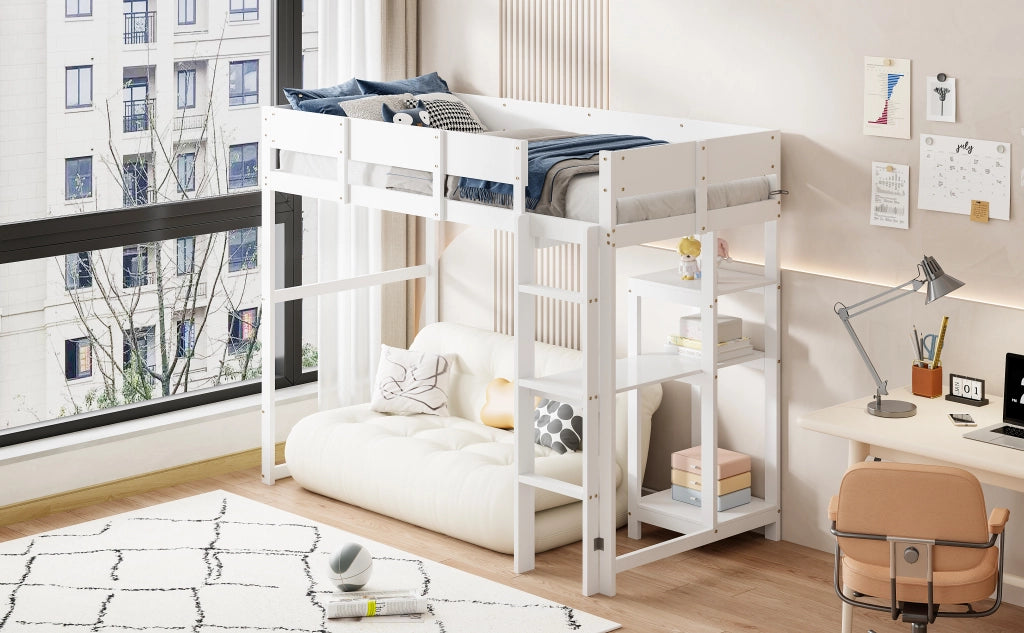 DESMIU Letto a Soppalco Singolo con Scaffale e Sponde, 90 × 200 cm, Senza Materasso, in Legno, Bianco