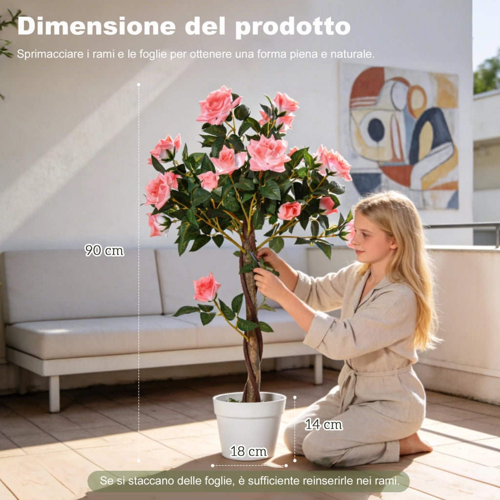 Pianta Finta di Rosa da 21 Fiori con Vaso Riempito in Cemento e Muschio. ?18x90 cm. Rosa