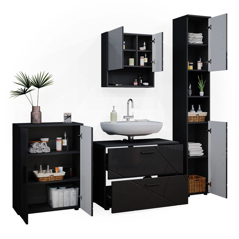 Vicco Set mobili bagno Antracite lucido 4 pezzi, con cassettiera e mobile midi