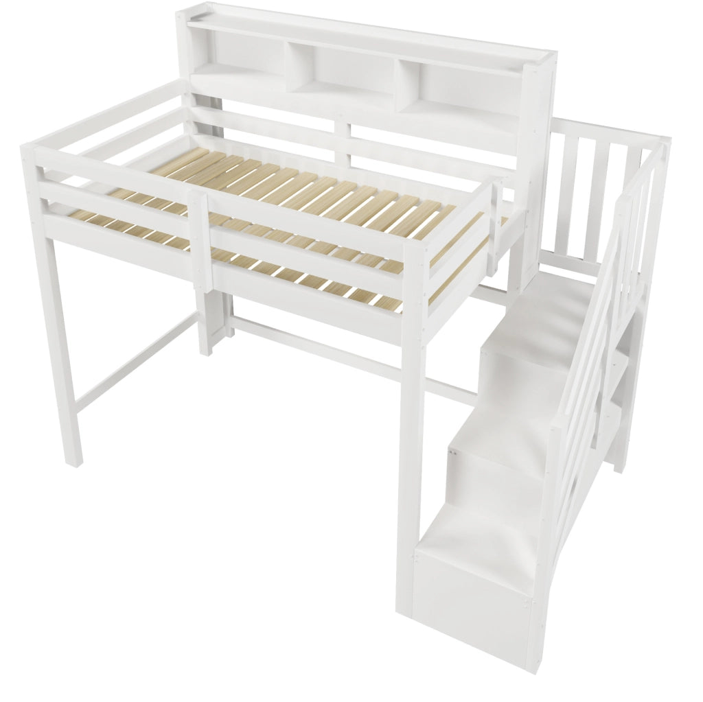Letto a soppalco ULEVR 90x200 cm con LED, scala contenitore e vano aperto, bianco