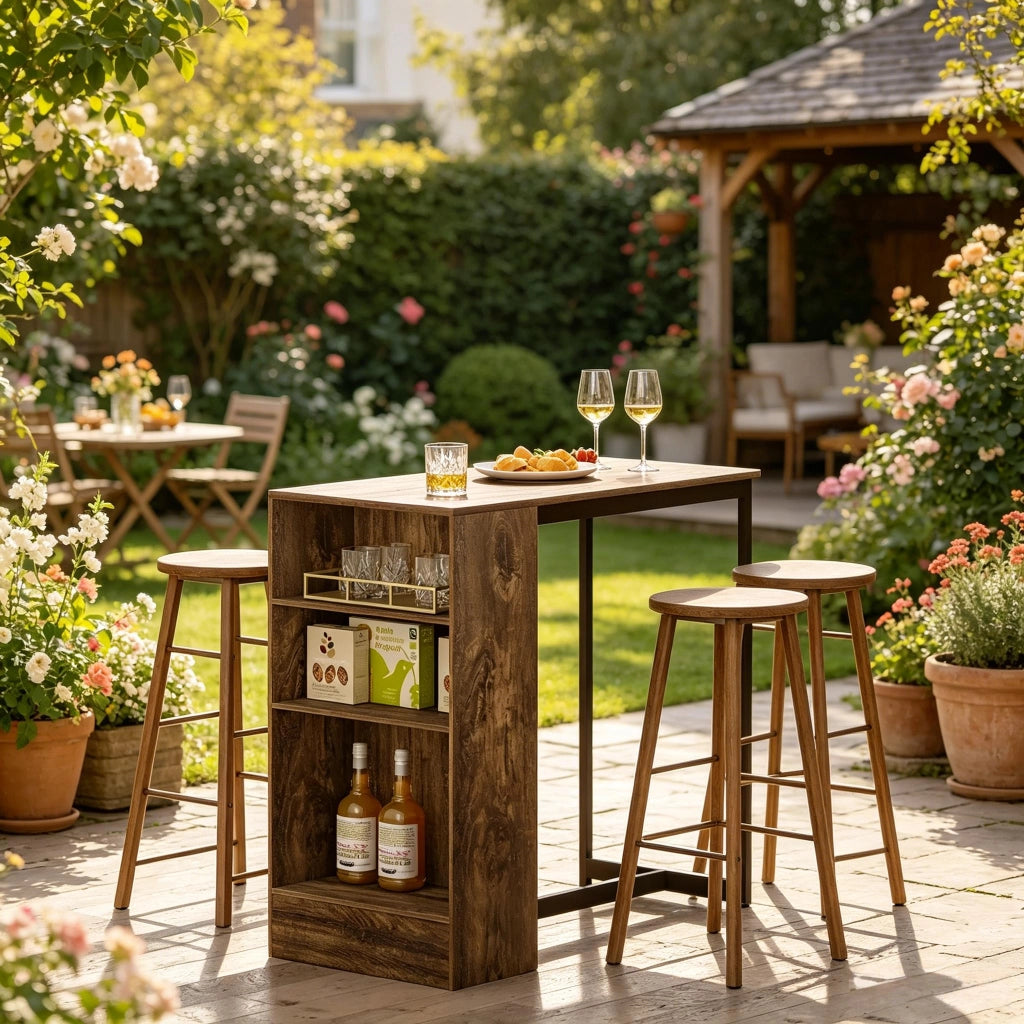 Tavolo da bar con scaffale per bottiglie e bicchieri, ripiani a 3 livelli, in truciolare e metallo, 91 × 49 × 91 cm