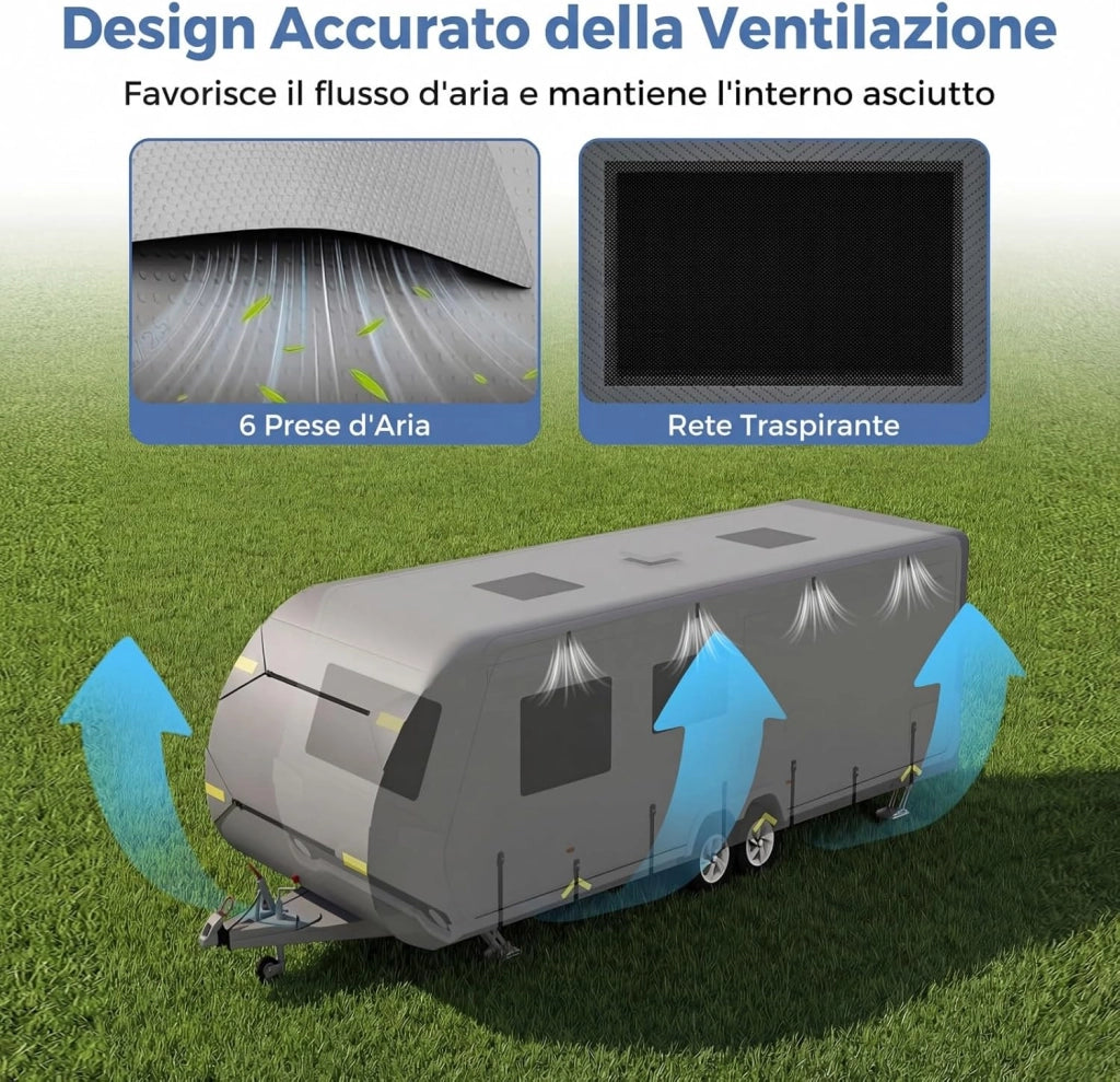 Telo Copri Roulotte, Copertura per Camper in Tessuto non Tessuto, con Cinghie, Toppe di Riparazione e Borsa da Trasporto, Impermeabile e Antivento (493 x 260 x 250 cm)